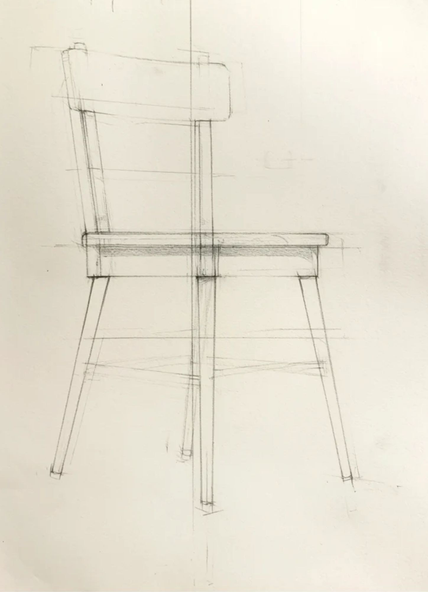 Observational chair study showing construction lines, searching marks and proportional adjustments.