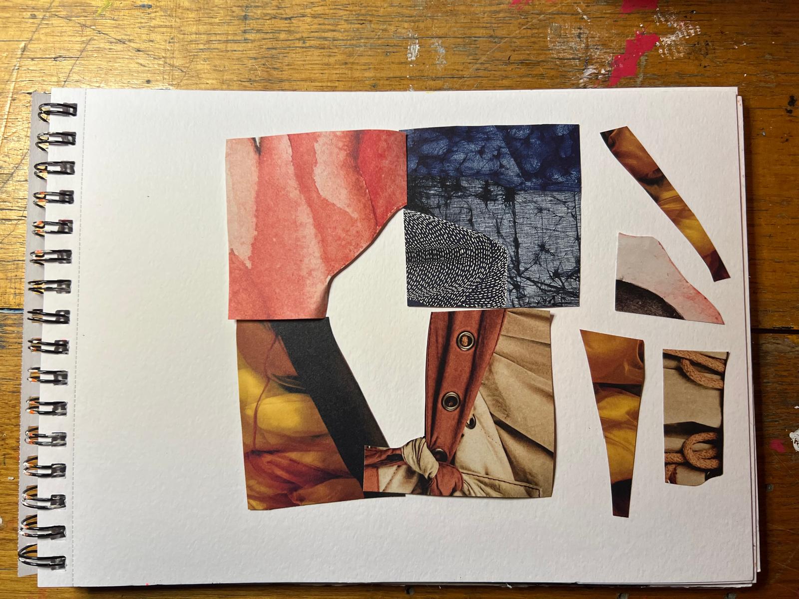 A sketchbook spread where the original square fragments have been cut into new shapes and recombined, with loose offcuts still visible.
