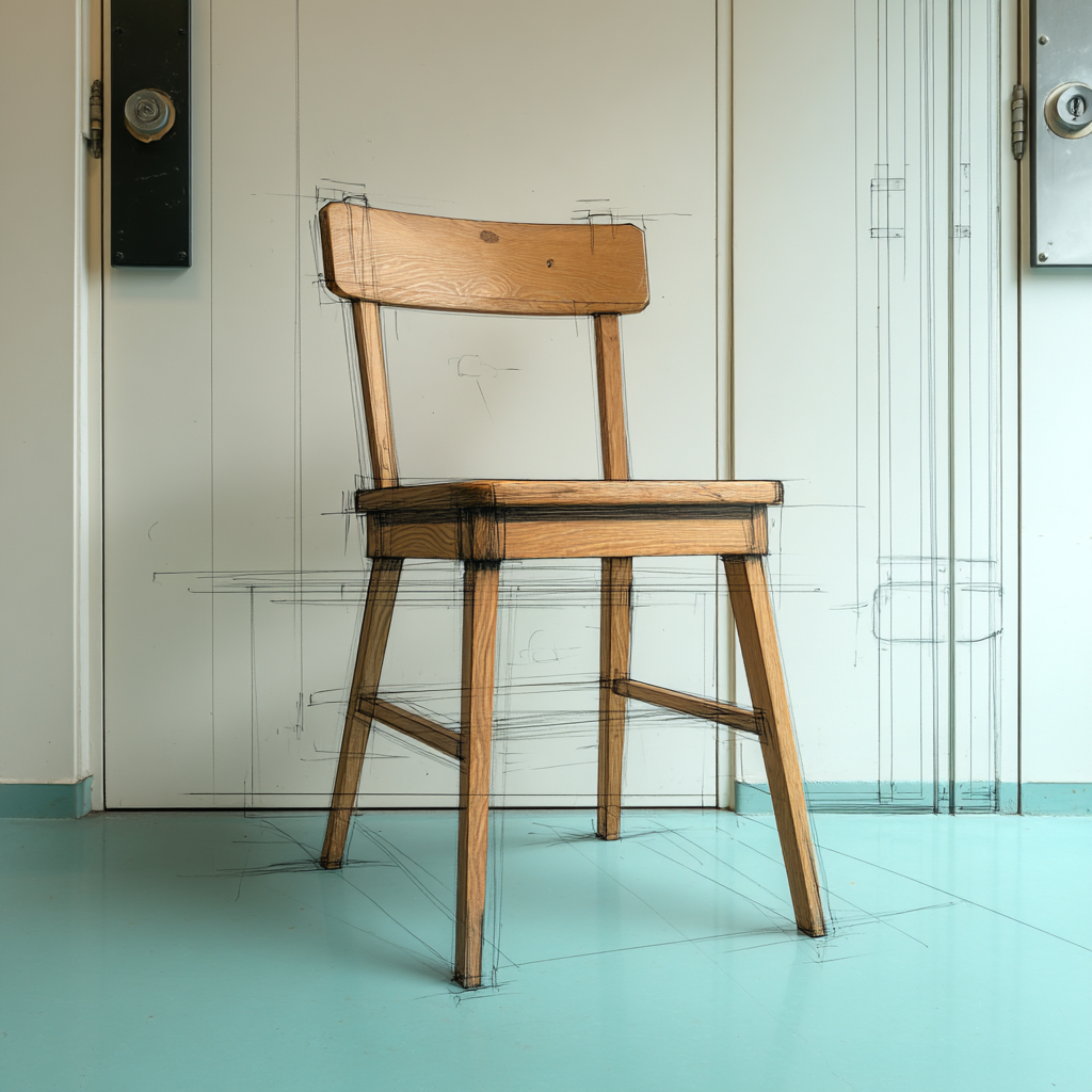 A wooden chair in a studio setting, photographed from a three-quarter angle.