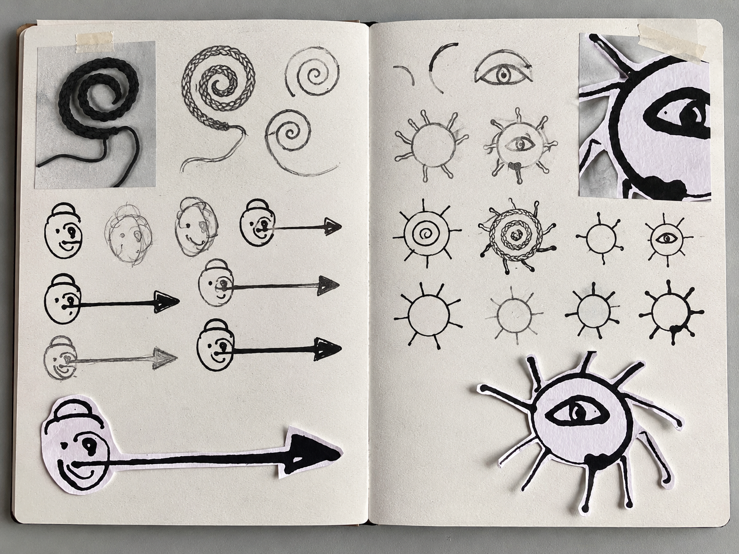Open visual diary spread showing one mark developed through repetition, variation, simplification and combination, becoming a small visual language.