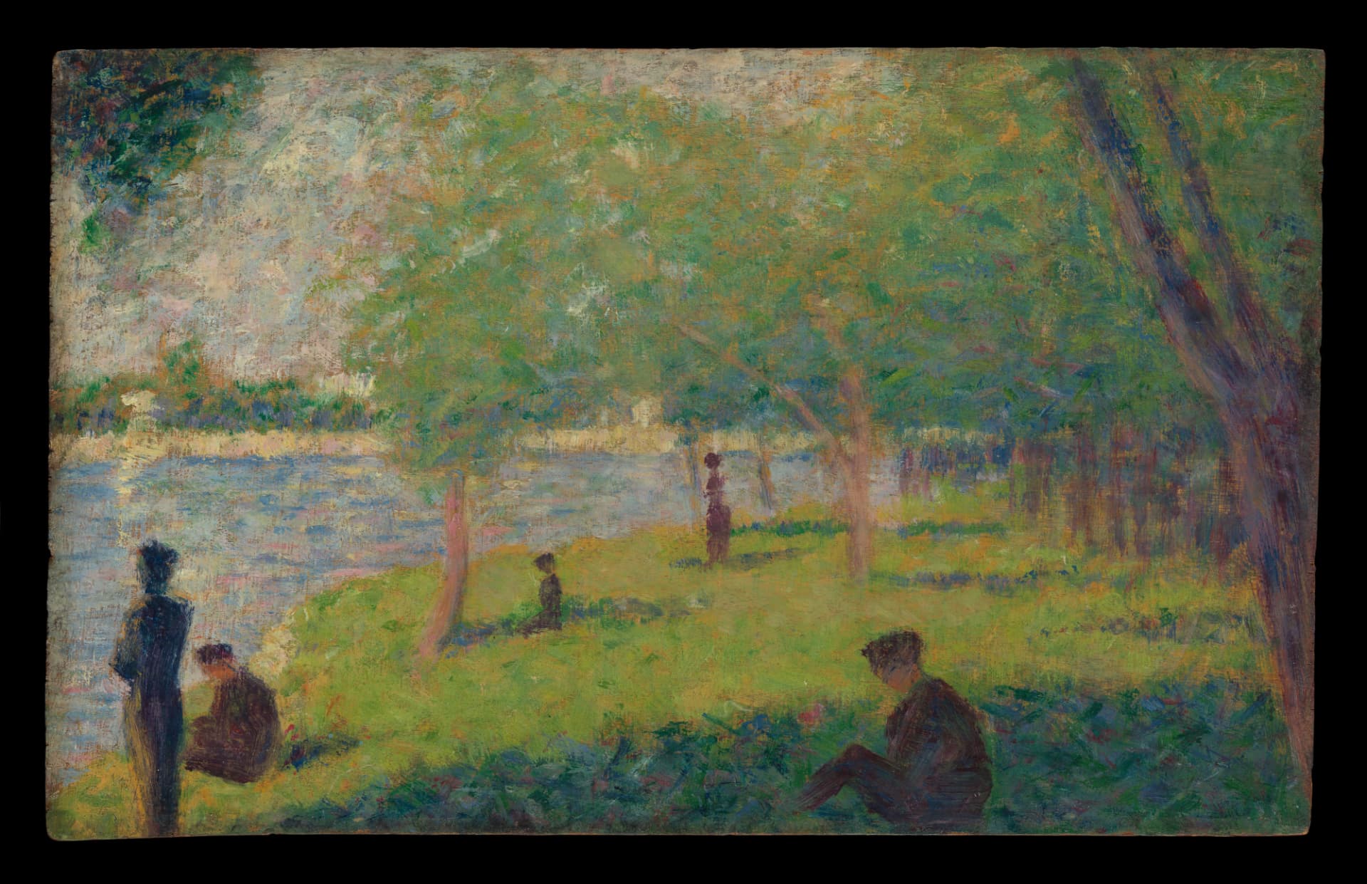 Georges Seurat, Study for “A Sunday on La Grande Jatte”, 1884: an oil sketch on wood showing figures seated on grass near water, with trees and dappled light, made in preparation for the final painting.