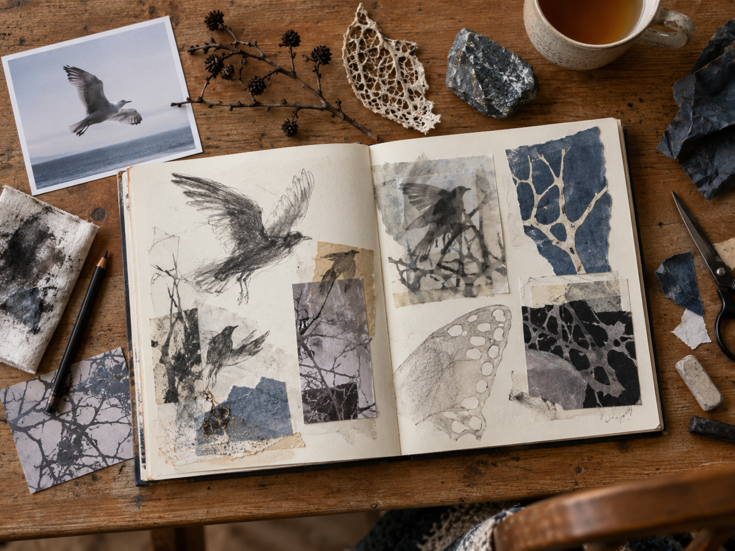 An open visual diary on a wooden table, bringing together a bird photograph, natural source material, drawings, collage and making experiments as one idea begins to change and develop.