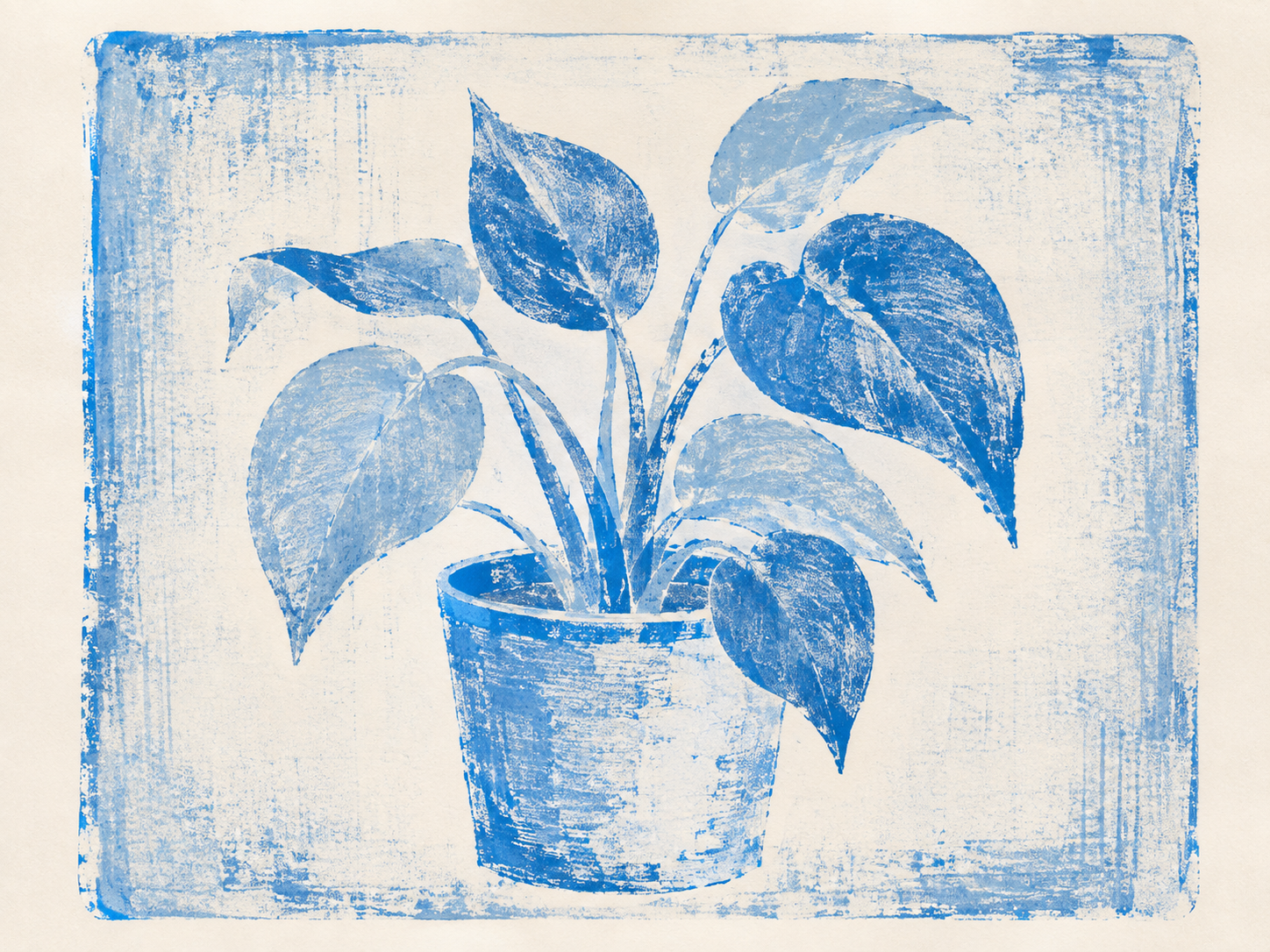 Blue gelli plate monoprint of a potted plant, with flat tonal shapes, plate texture and a limited single-colour palette.