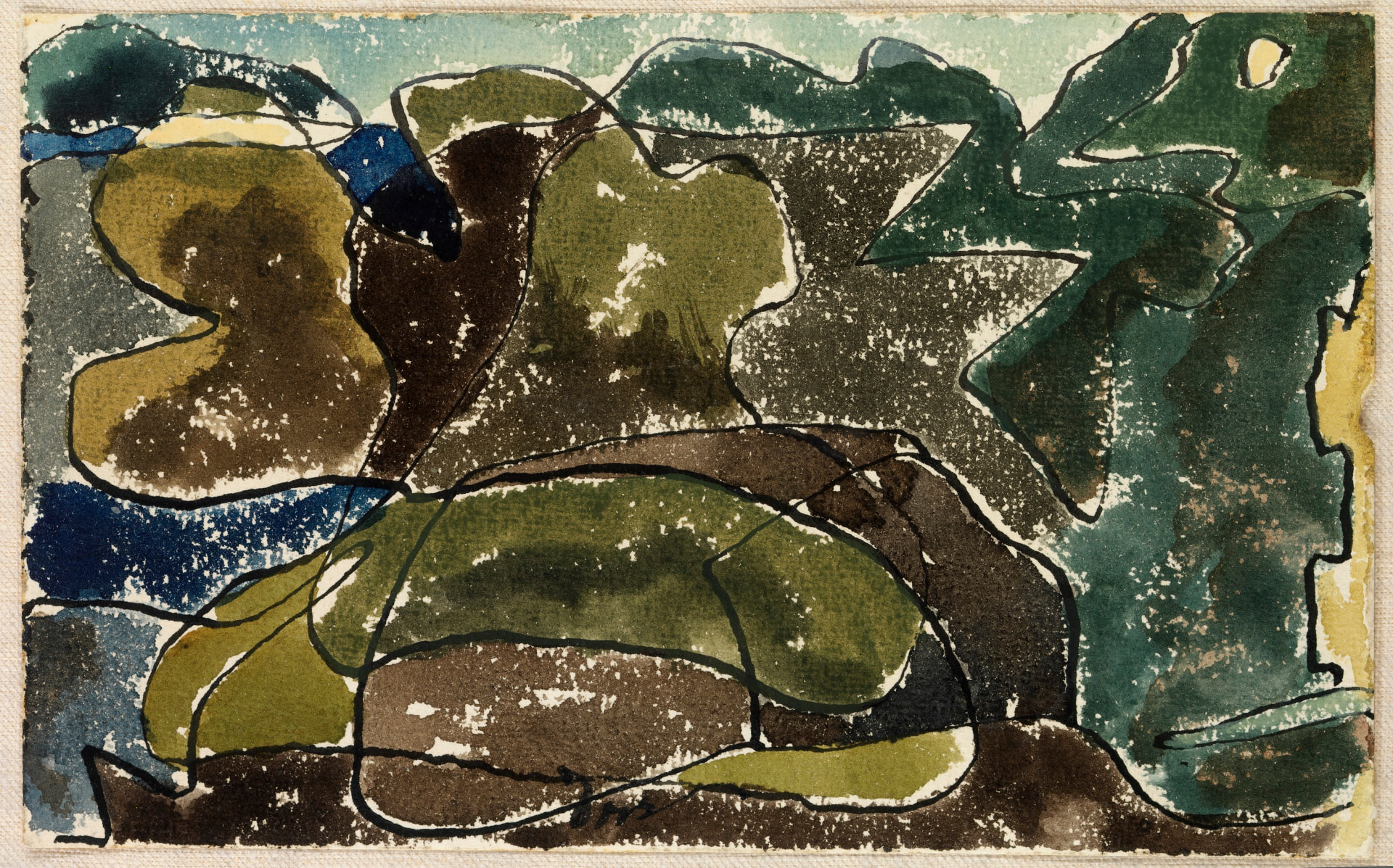 Arthur Dove, Over the Harbor, Centerport, 1942. A watercolour of interlocking green, blue and brown shapes bounded by dark lines, with the white paper showing through between them.