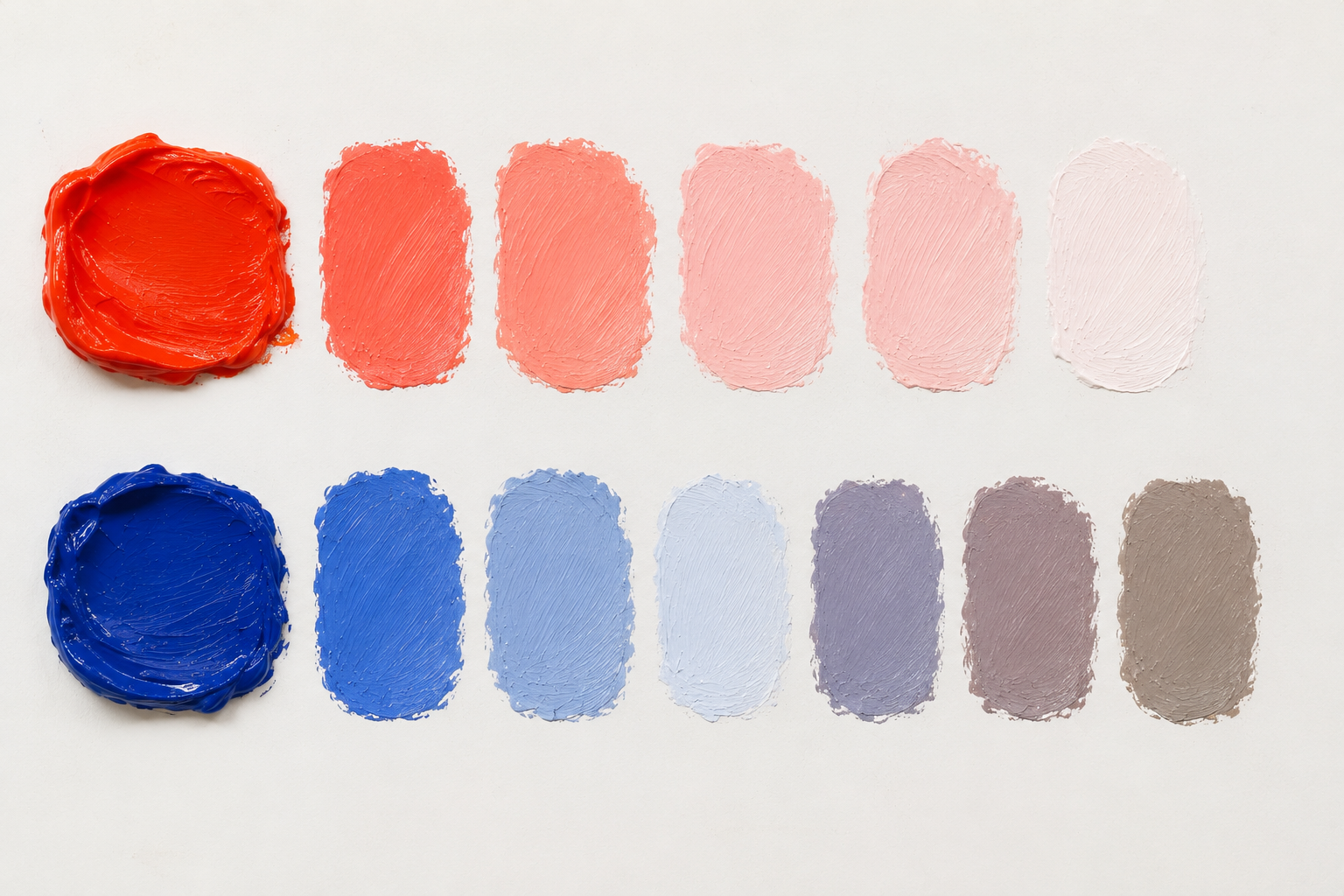 Painted colour samples: starting hues, mixtures lightened with white and mixtures quietened with a complementary colour.