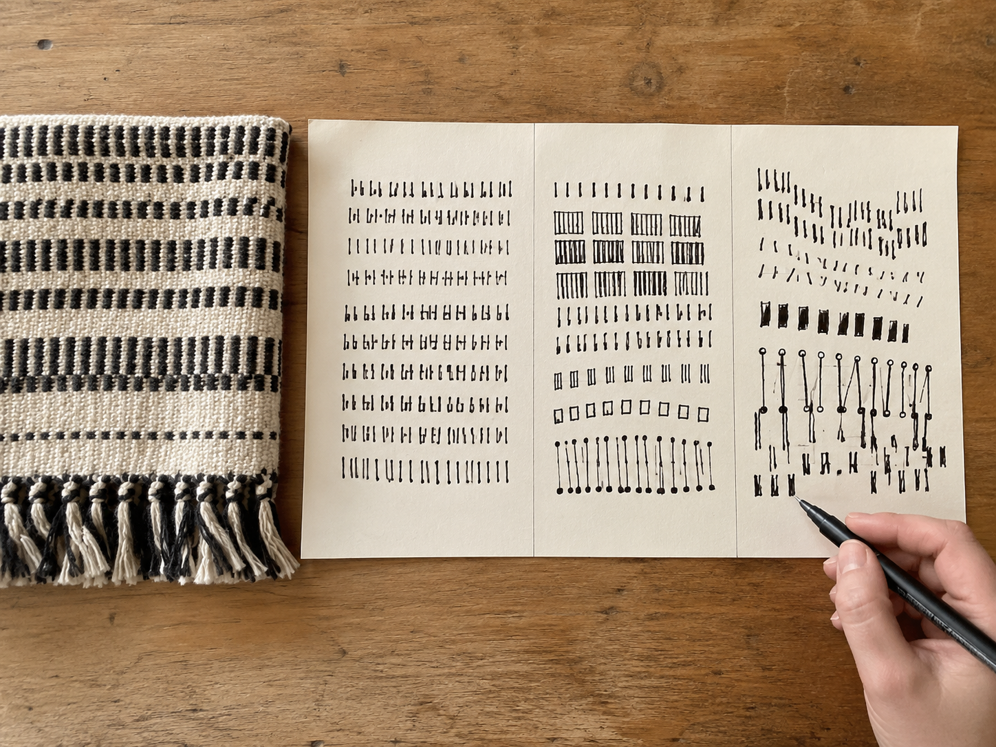 Woven black and cream textile beside hand drawn black ink pattern studies that begin with observed repetition and develop into new variations.