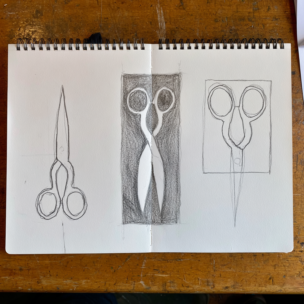 Sketchbook page with three studies of the same pair of scissors: left, an outer-contour drawing; centre, a negative-space study with the background shaded; right, a cropped view of the finger holes and upper blades.