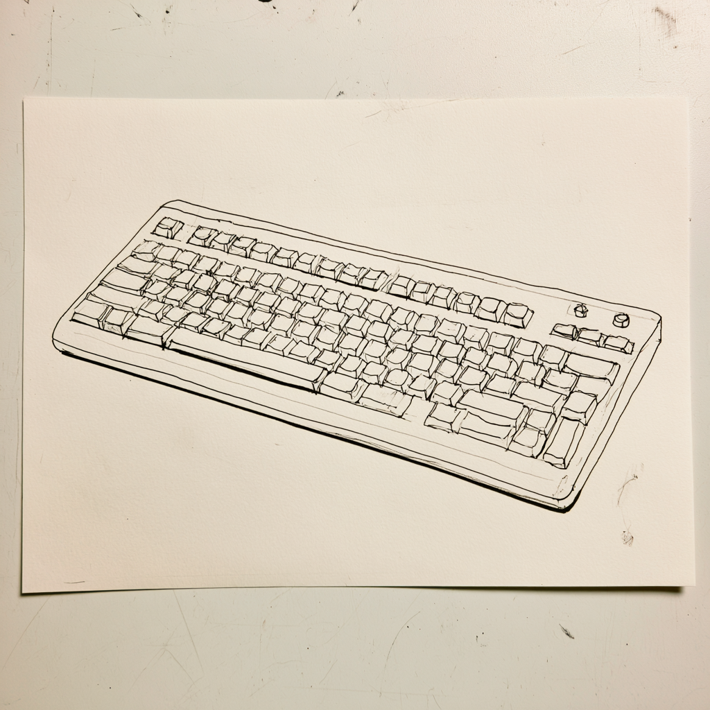 An observational drawing of a computer keyboard showing repeated searching lines, construction lines and corrections across the whole sheet.