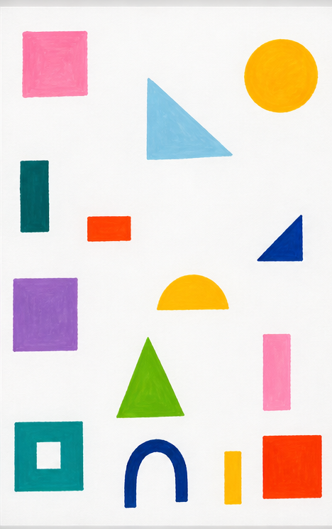 Gouache geometric composition arranged across the sheet in bright colour.