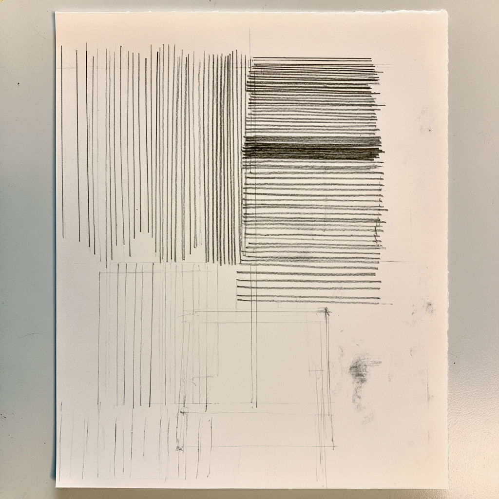 A studio sheet covered with graphite line experiments: vertical strokes of varying pressure beside dense horizontal hatching and faint construction lines.