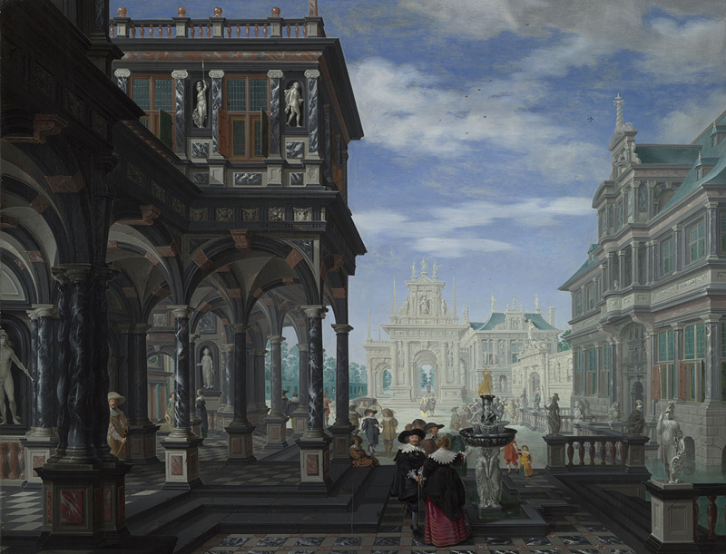 An imaginary city square painted in 1634: a colonnaded palace on the left, buildings on the right, a fountain and small figures in the square, and a triumphal arch closing the vista in the distance.