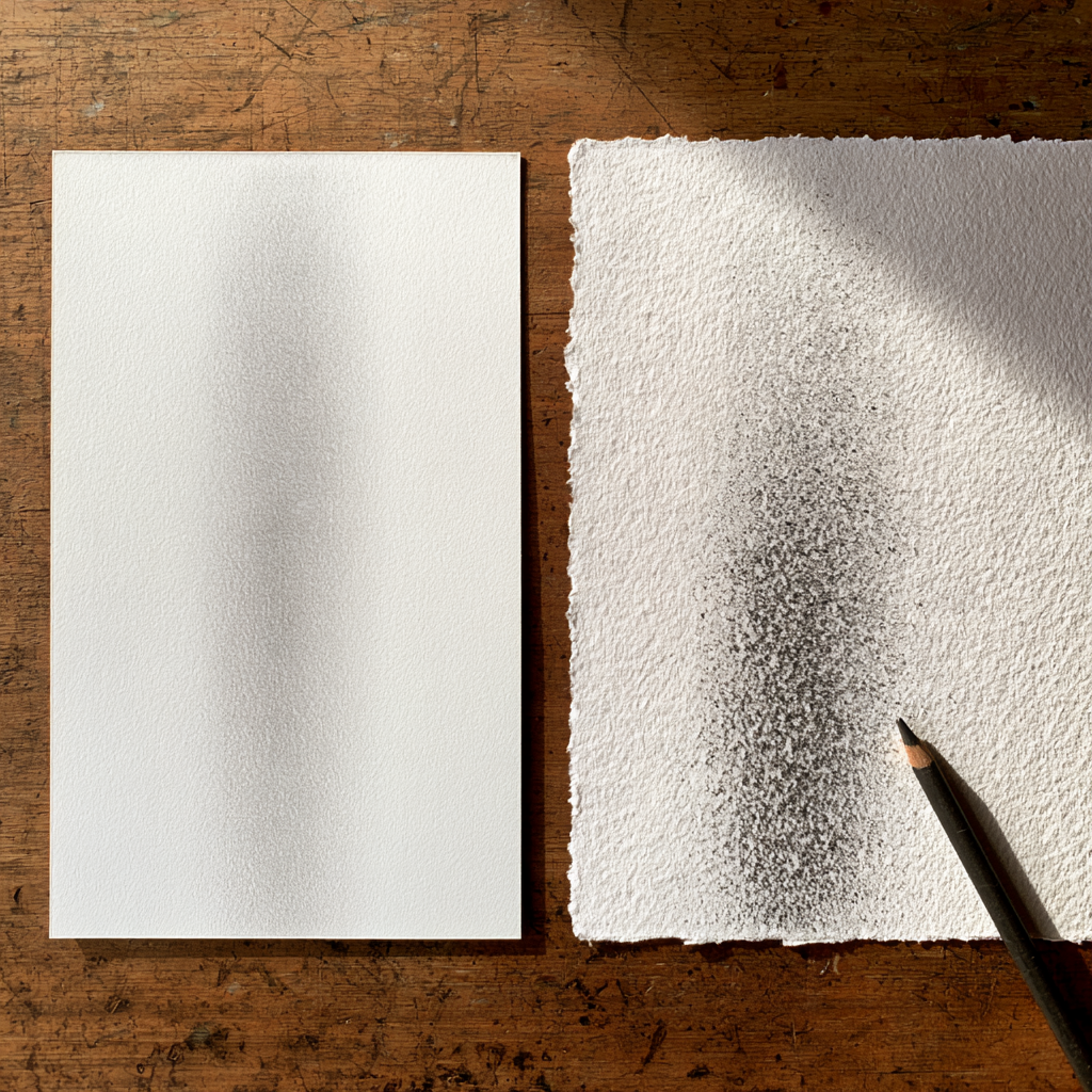The same graphite mark made on a smooth sheet and on a rough deckle-edged sheet, side by side.