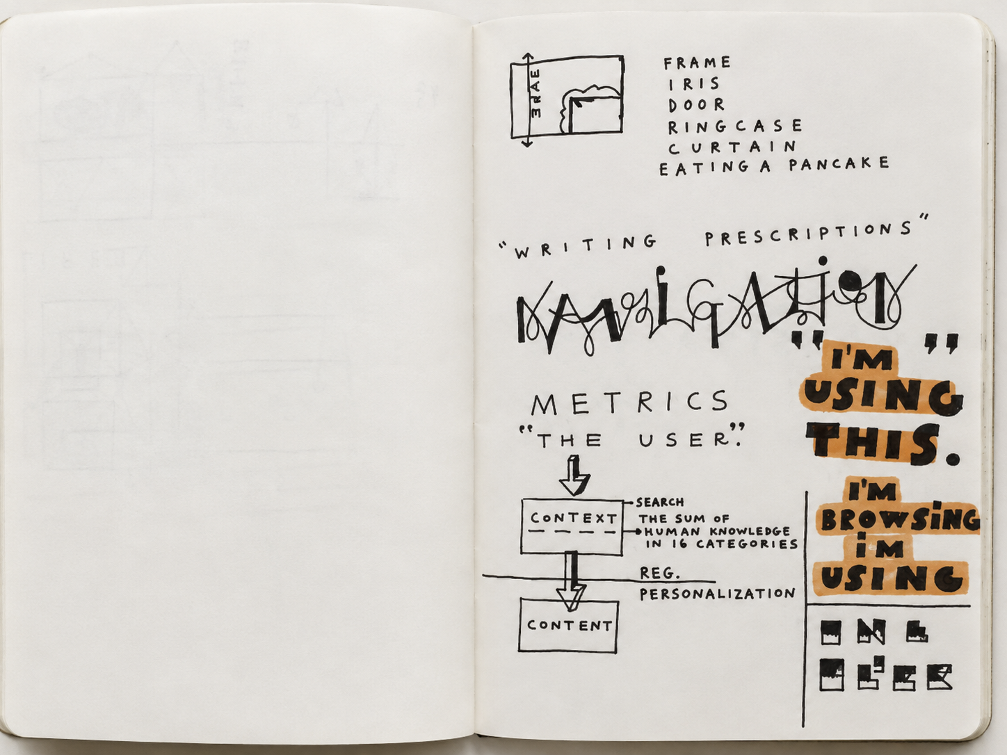 Open visual diary spread with black hand-lettered typography exploration, orange accents, diagrams and working notes
