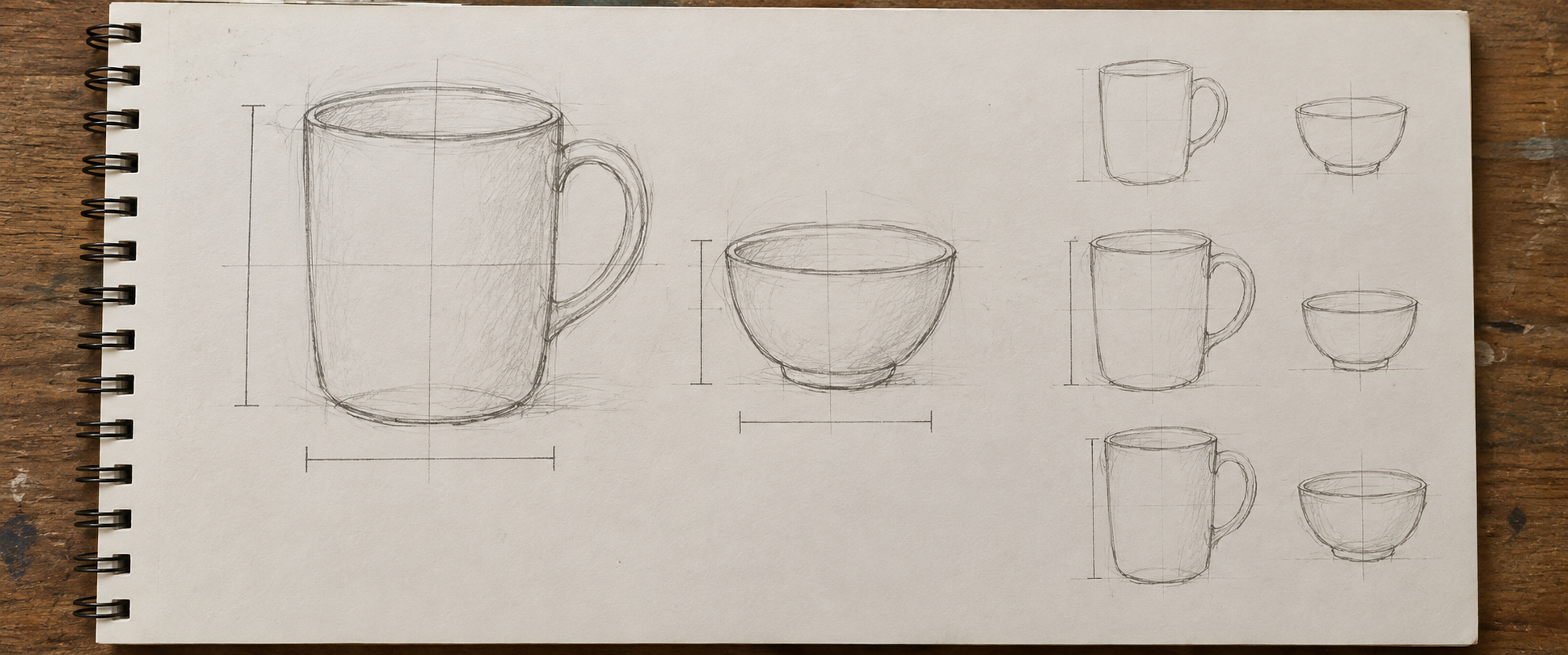 An open landscape sketchbook of graphite studies: a large mug drawn with height and width guide lines, a bowl drawn beside it with its own guide lines, and a column of smaller repeated mug and bowl studies at the right.