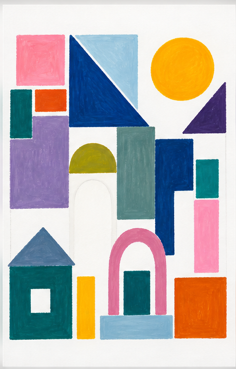 Gouache geometric composition with adjusted values, quieter and more saturated areas and open paper.