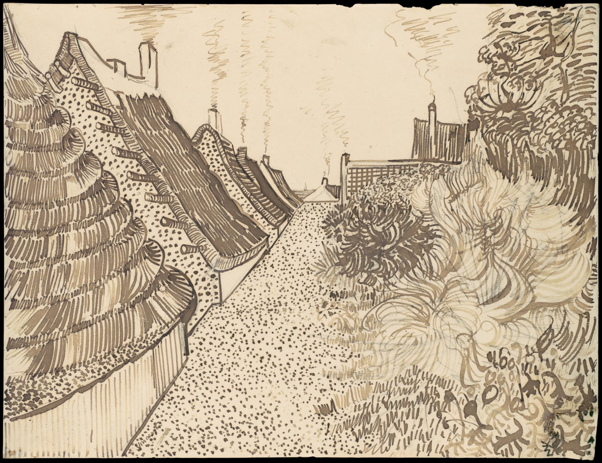 Vincent van Gogh, Street in Saintes-Maries-de-la-Mer, 1888. Reed pen, quill and brown ink over graphite, showing a street between thatched cottages.