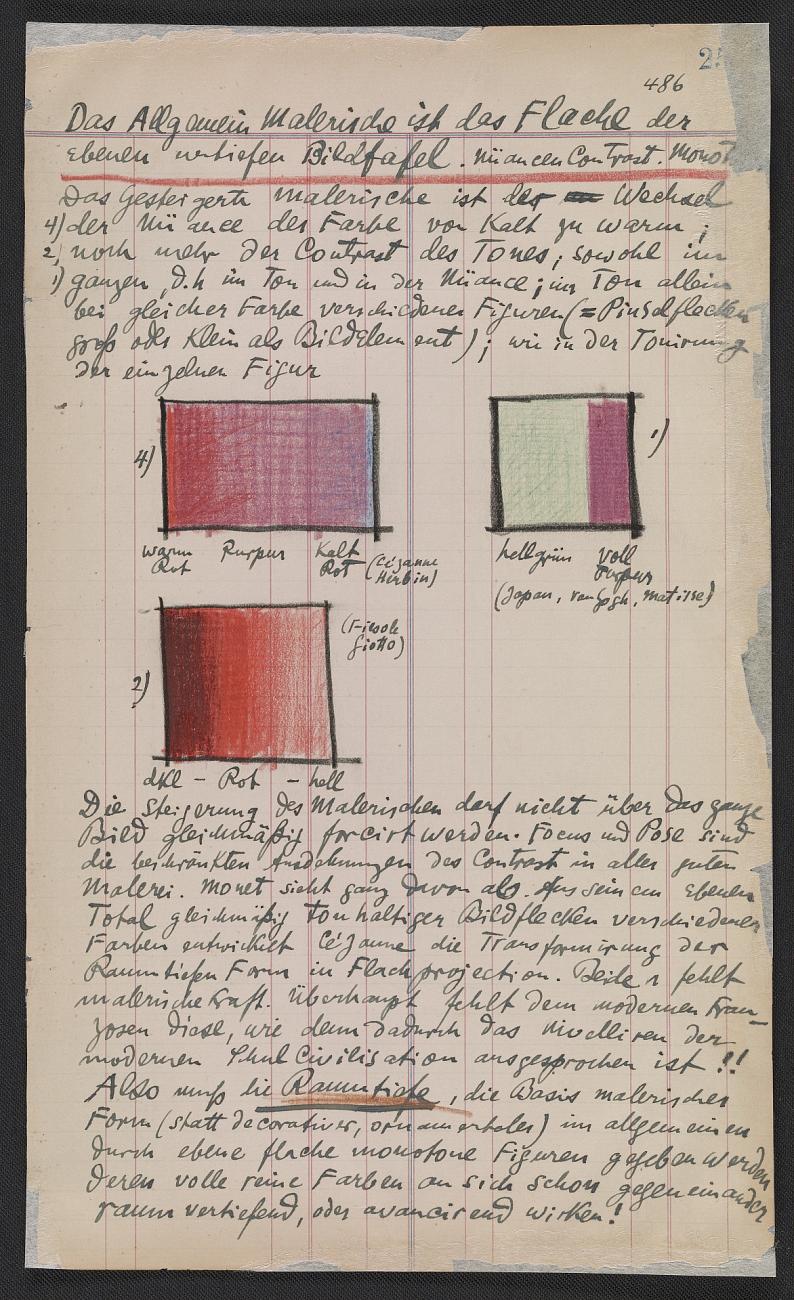 Oscar Bluemner diary page with dense handwritten notes and three colour studies in red, purple and green