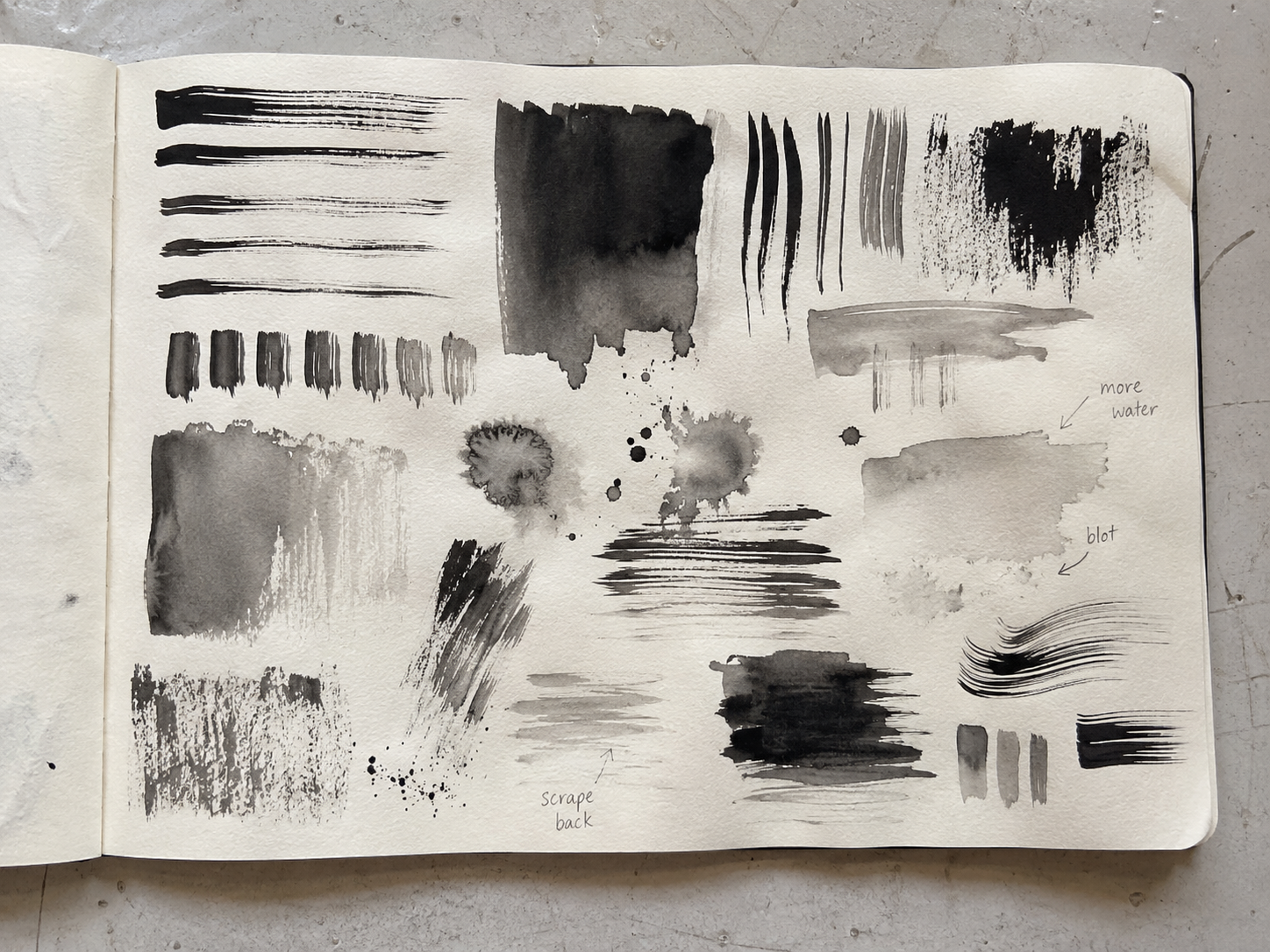 Visual diary spread of monochrome ink tests: dragged brush strokes, dilution washes, blots and scraped-back marks.