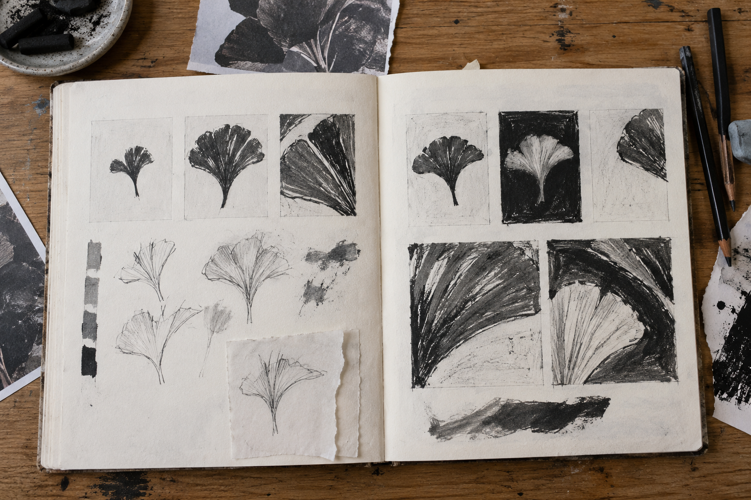 Open visual diary showing repeated studies of a ginkgo-like leaf motif, testing controlled changes in scale, crop, placement and line weight.