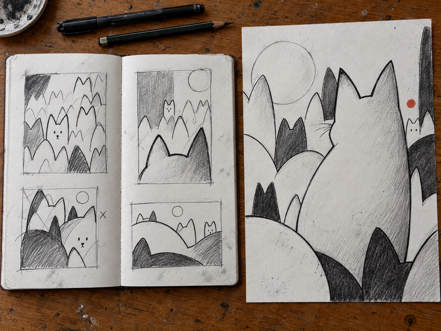 Visual diary spread of cat-derived composition tests beside a developed visual response.
