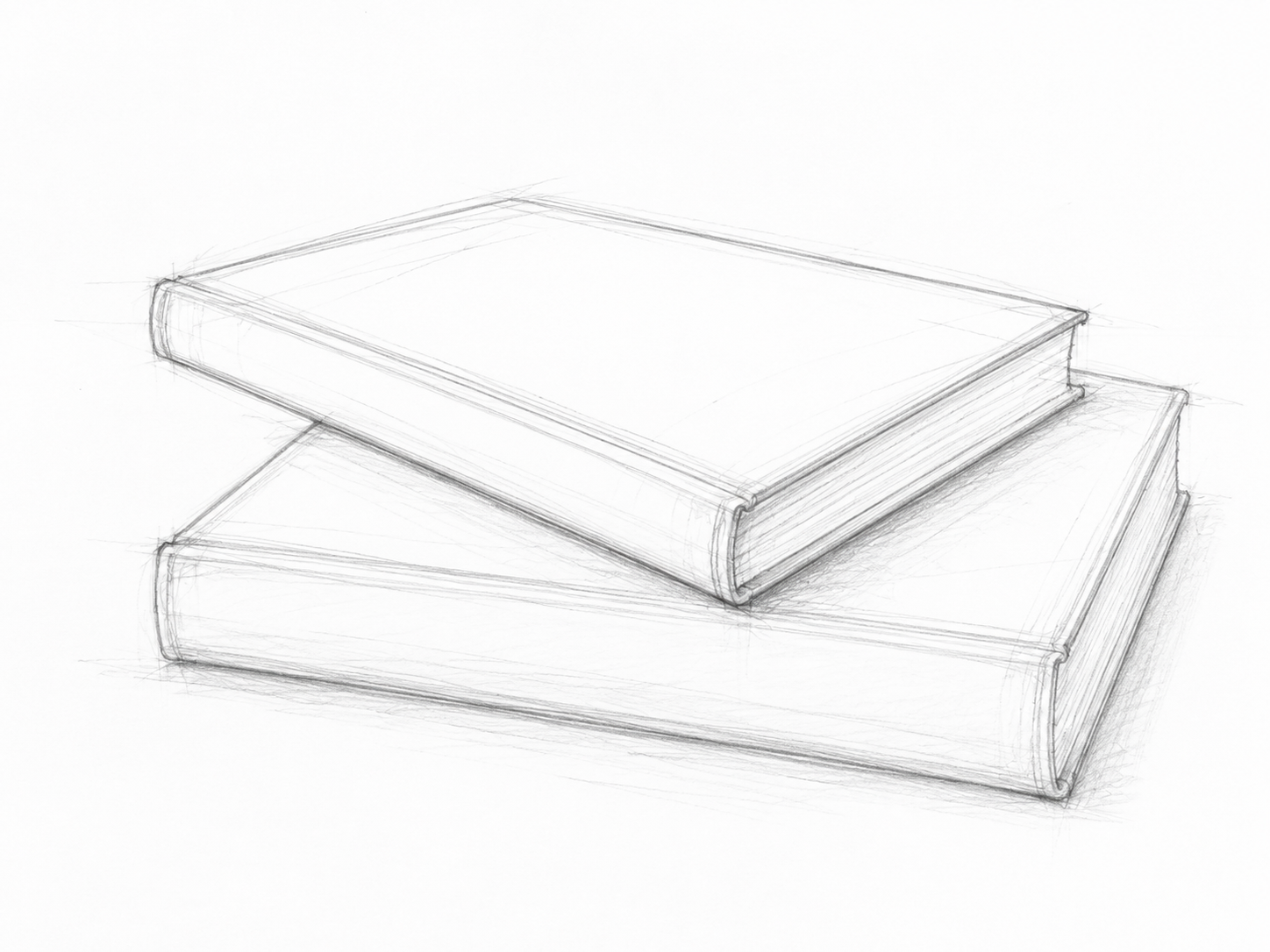 A graphite observational drawing of two stacked hardcover books, showing searching construction lines, corrected edges and changing angles.