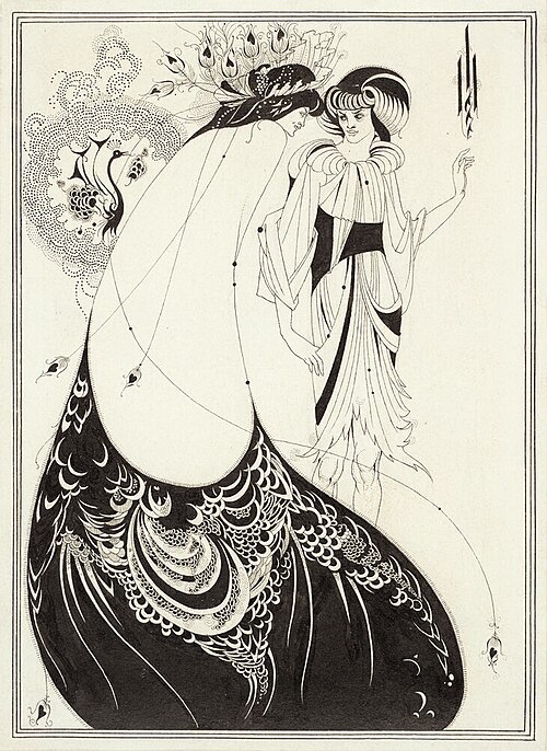 Aubrey Beardsley, The Peacock Skirt, 1894. Black ink and graphite on white wove paper. A tall, decorative composition of two figures in elaborate costume, built from bold black shapes, fine pattern and large areas of empty space.