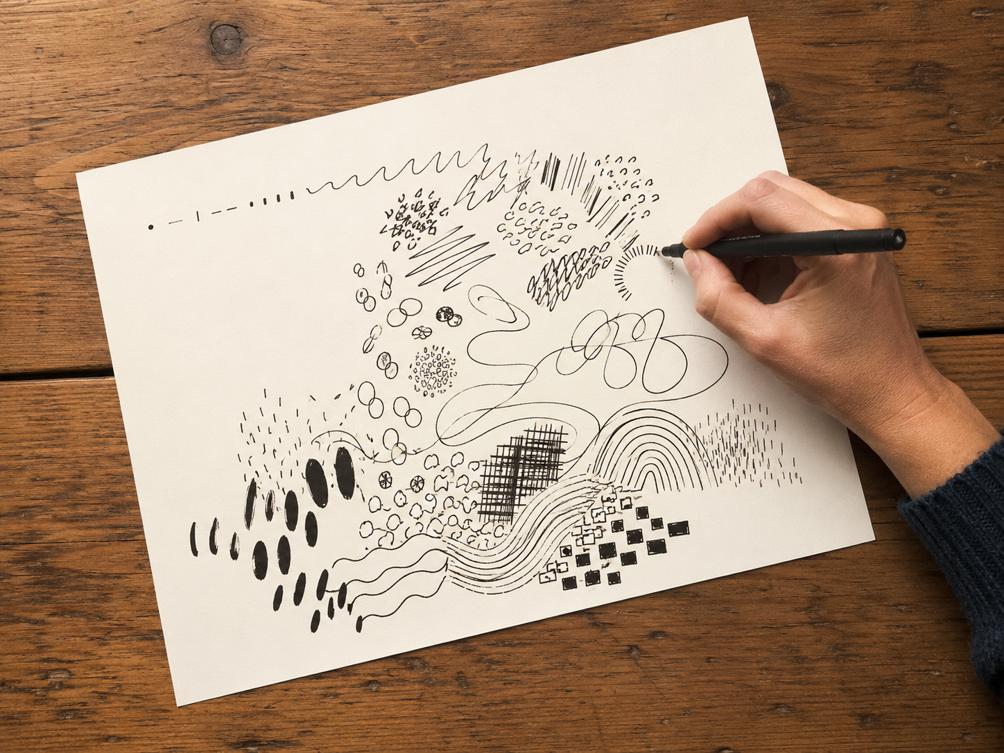 Hand drawing exploratory black ink marks on paper, repeating and varying lines, loops, shapes and patterns on a wooden table.