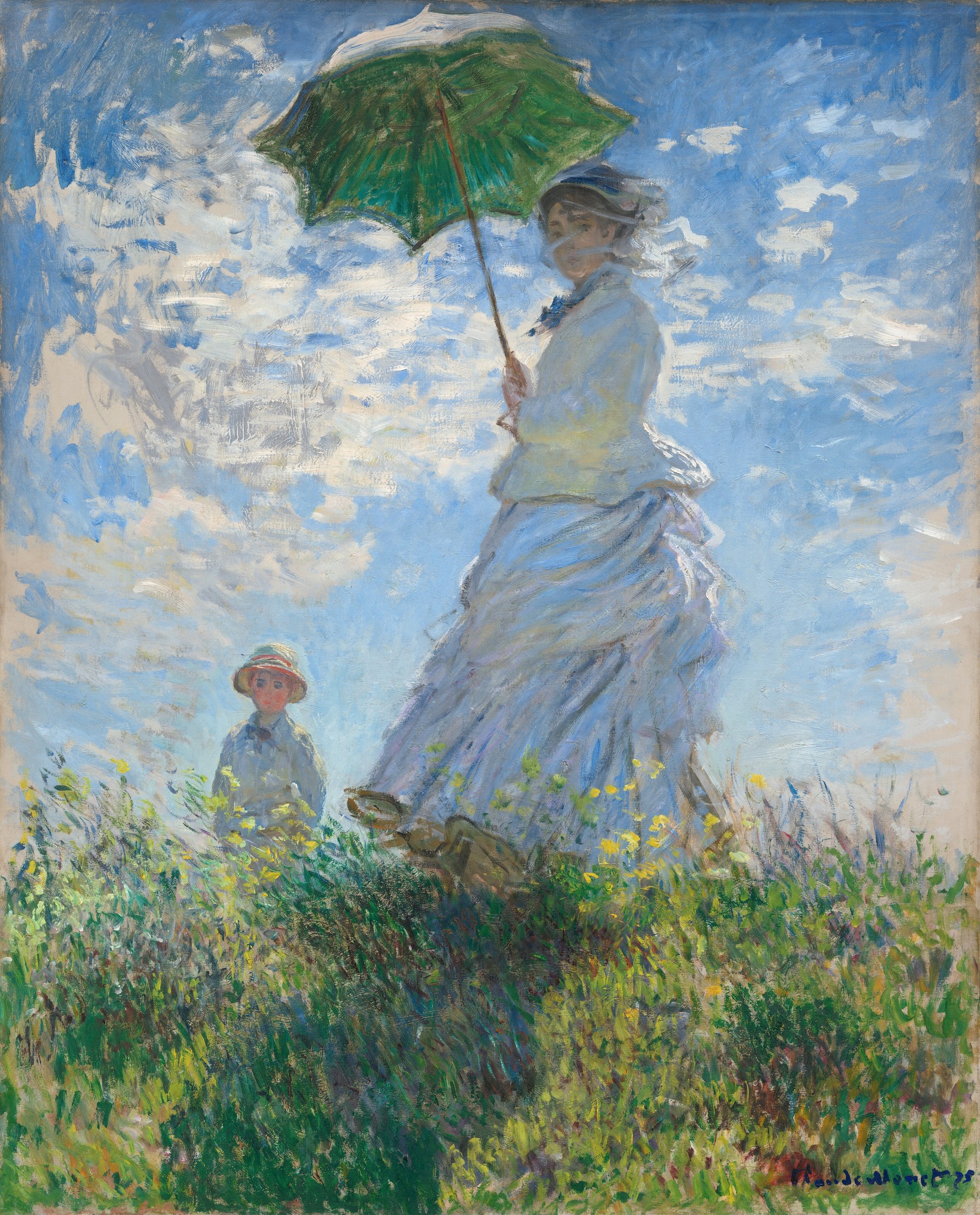 Oil painting of a woman with a parasol standing high on a grassy bank against a bright cloud-filled sky, a child small and lower in the field below her.