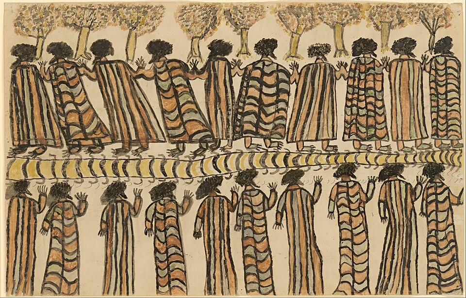 William Barak, Figures in possum skin cloaks, 1898.