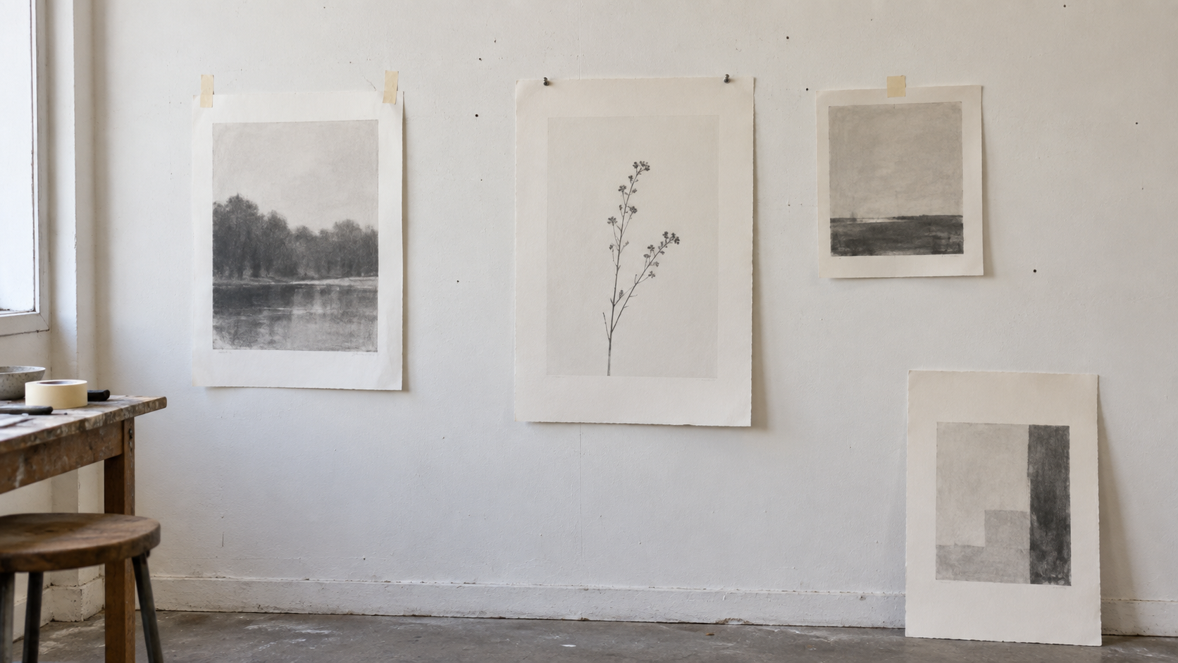 Presentation studies: works on paper tested at different heights and positions in a studio