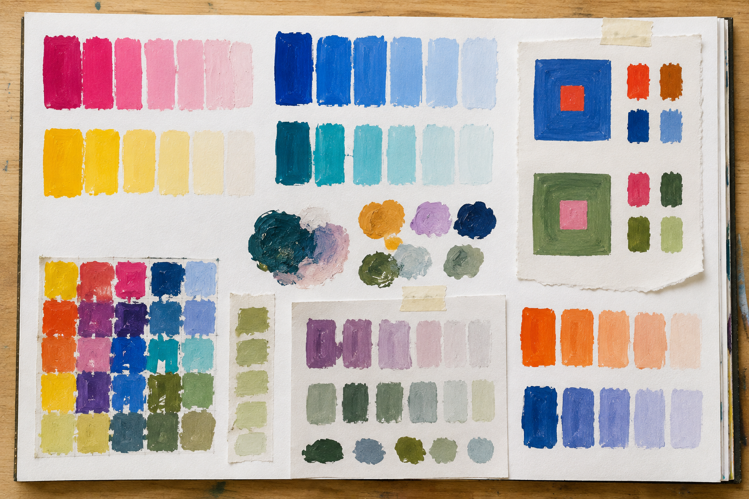 Open visual diary spread with hand-painted gouache colour tests, mixtures, value changes, bright and muted swatches, and masking tape.