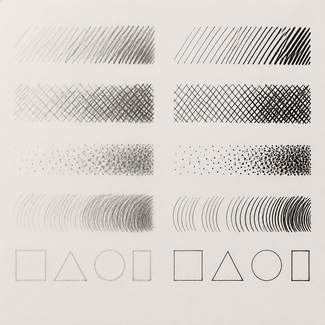 Graphite and fineliner mark comparison showing the same repeated marks made with two materials.