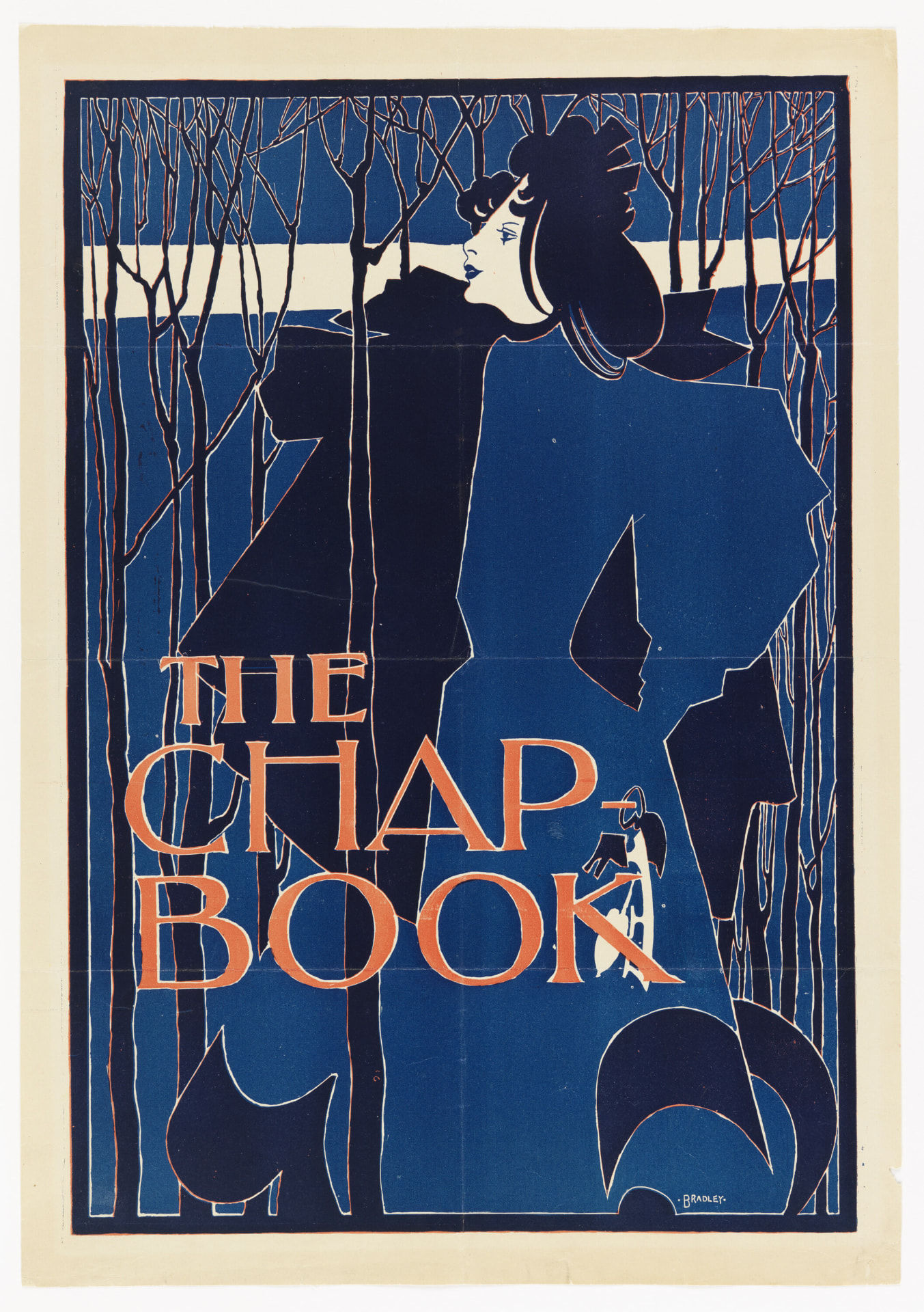Poster of a woman in profile wearing a large blue coat among bare trees, with a small figure in the snow and bold orange lettering reading The Chap-Book.