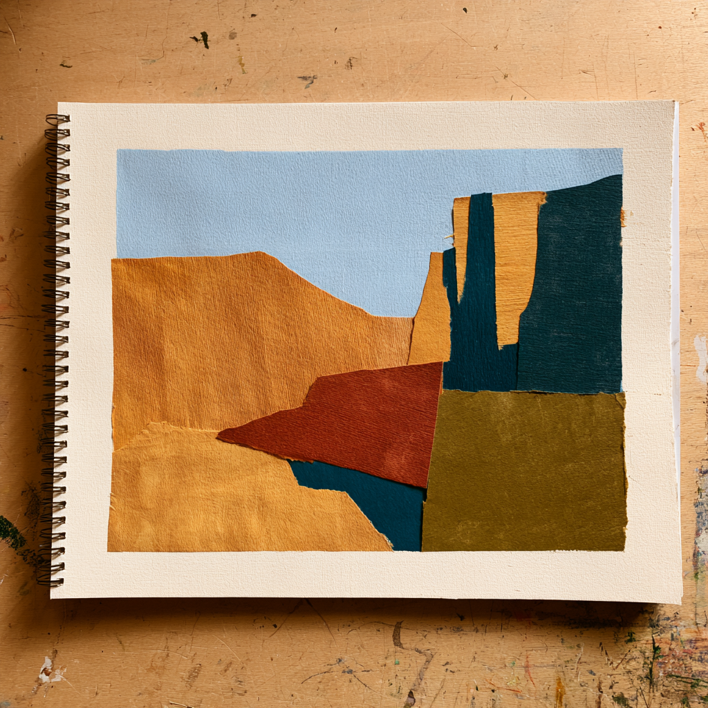 A handmade paper collage landscape in a visual arts diary: torn ochre, blue, teal and olive papers overlapping to suggest cliffs, ground and sky.