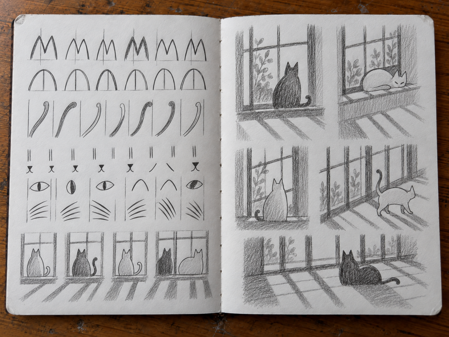 Open sketchbook showing observations of place entering an existing cat-derived visual language.