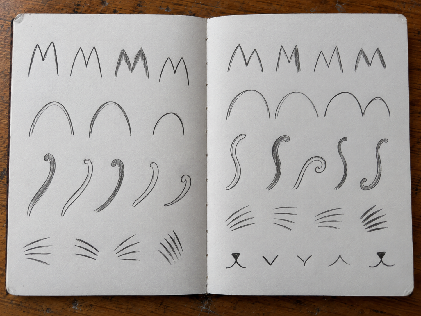 Open sketchbook showing cat-derived marks varied through scale, direction, repetition, spacing and small changes in form.