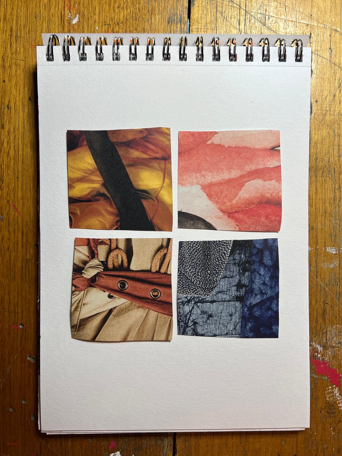 Four separate square magazine fragments laid out as a two by two grid on a spiral sketchbook page, with white space between them.