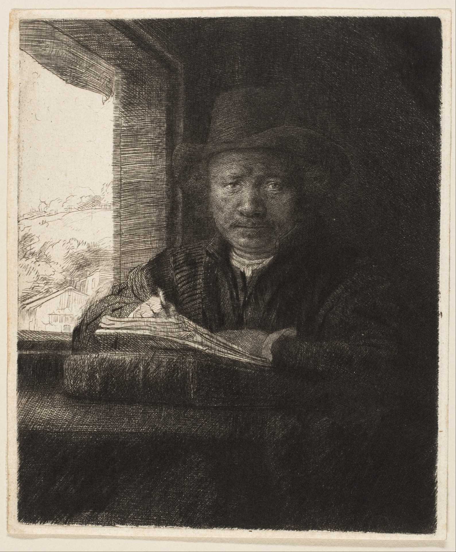 Rembrandt van Rijn, Self-Portrait Etching at a Window, 1648. Etching, drypoint and burin.