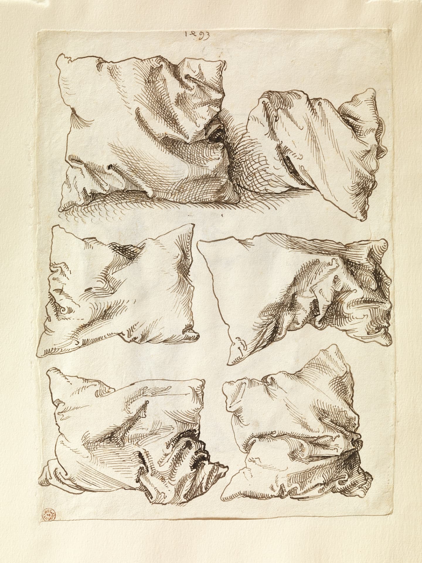 Albrecht Dürer, Six Studies of Pillows, 1493. Pen and brown ink: six drawings of the same pillow crumpled into different positions.