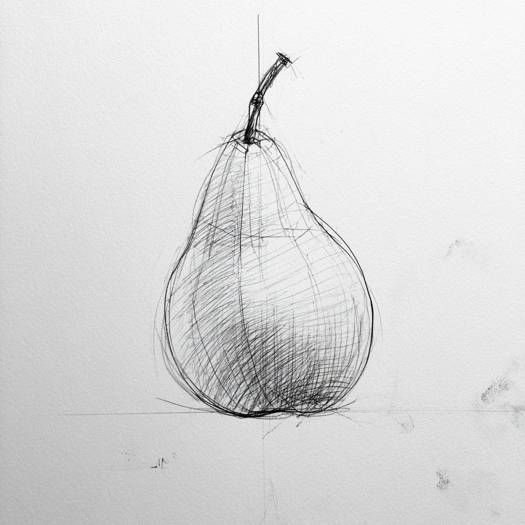 Unfinished pen-and-ink drawing of a pear on off-white paper, with construction lines and hatching still visible.