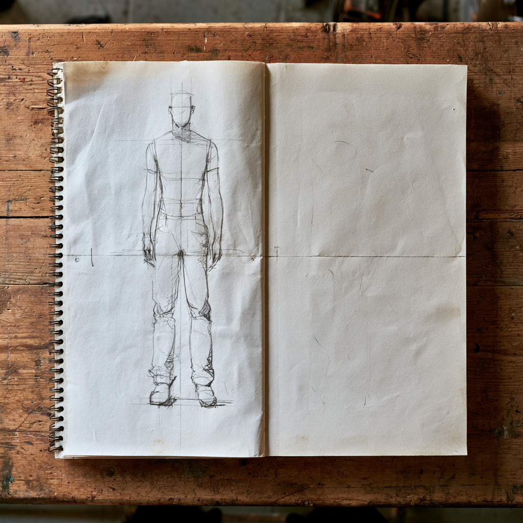 An open sketchbook on a worn wooden bench. On the left page, a pencil study of a standing figure with visible construction lines, a vertical centre line and a horizontal midpoint line drawn across the page.