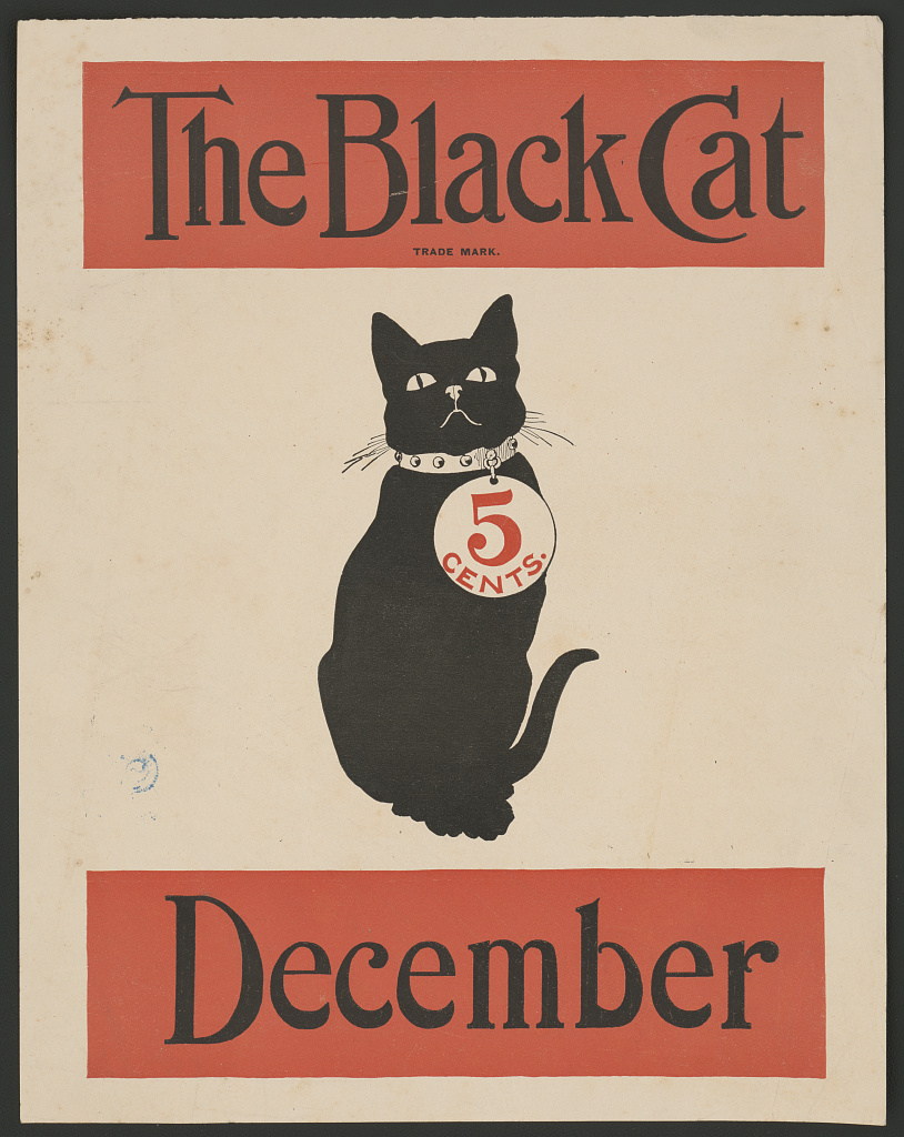 The Black Cat, December: a poster with a black cat silhouette wearing a collar and a five-cent disc, between two red bands of lettering