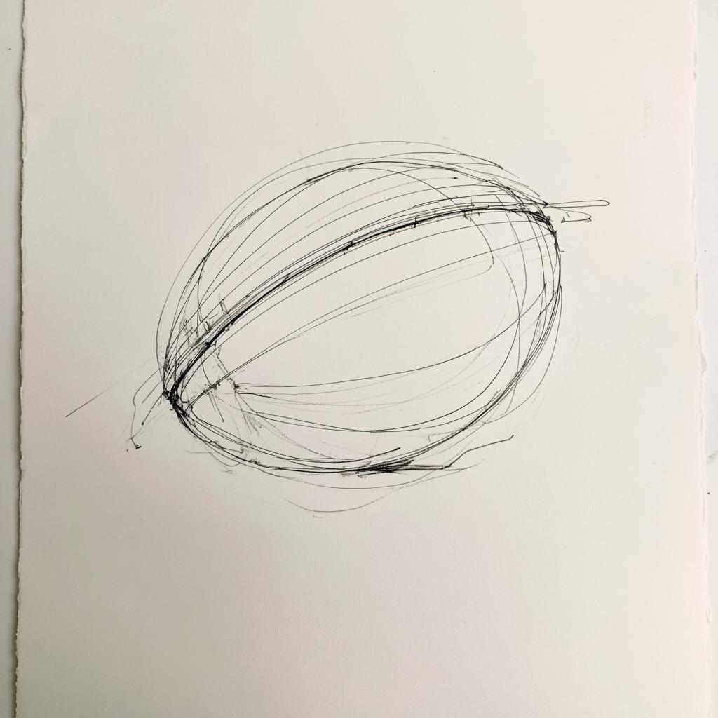 A contour line study of a football: fine looping lines travelling across the rounded surface rather than only around its outer edge.