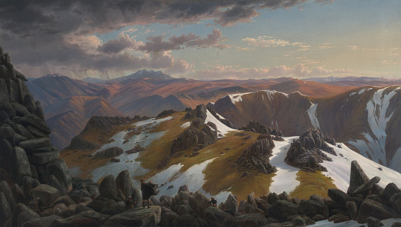 Eugene von Guérard's nineteenth-century landscape painting looking across the rocky, snow-covered summit of Mount Kosciusko toward distant mountain ranges.