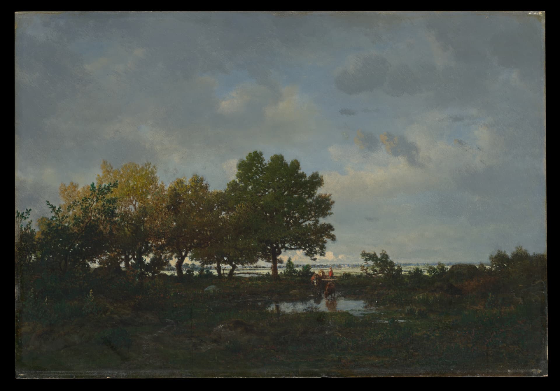 Théodore Rousseau, The Pond (La Mare), 1855. Oil on wood: a group of trees beside a shallow pond under a clouded grey sky, with cattle and figures in the middle distance and a flat plain beyond.
