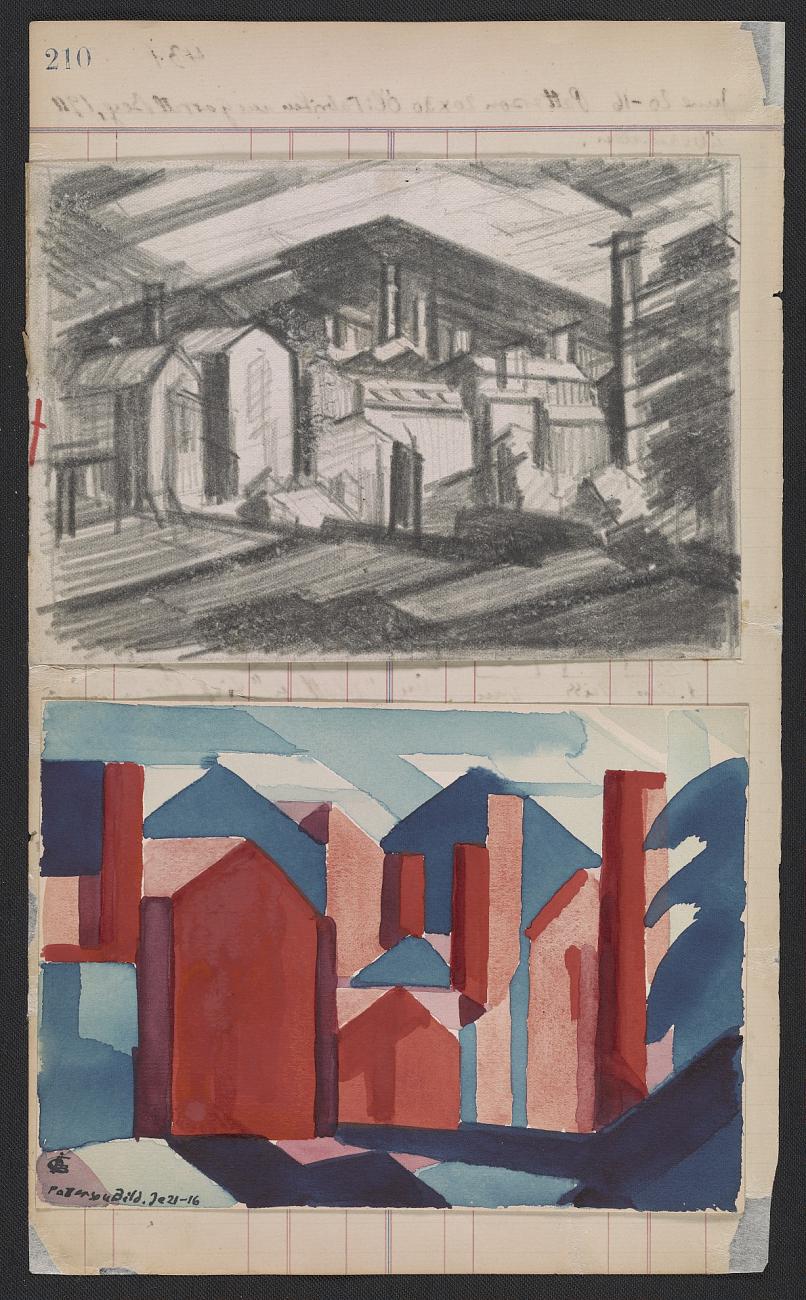 Oscar Bluemner diary page with a charcoal drawing of buildings above a red and blue watercolour study of the same subject