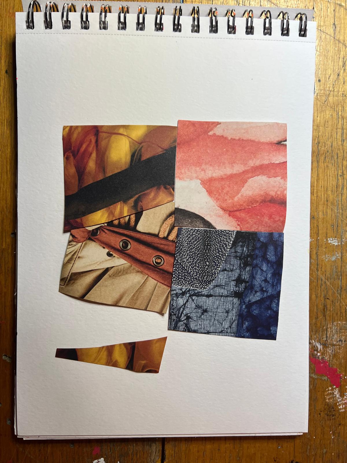 Square magazine fragments moved, rotated and overlapped on a sketchbook page to test a new arrangement.