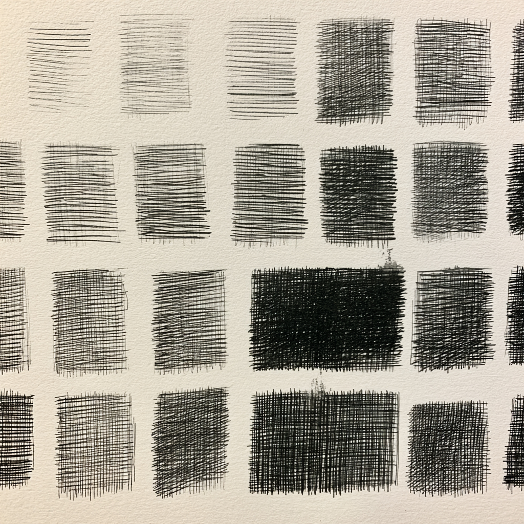 Grid of small hand-drawn crosshatched test squares in ink on off-white paper, ranging from very light to very dark.