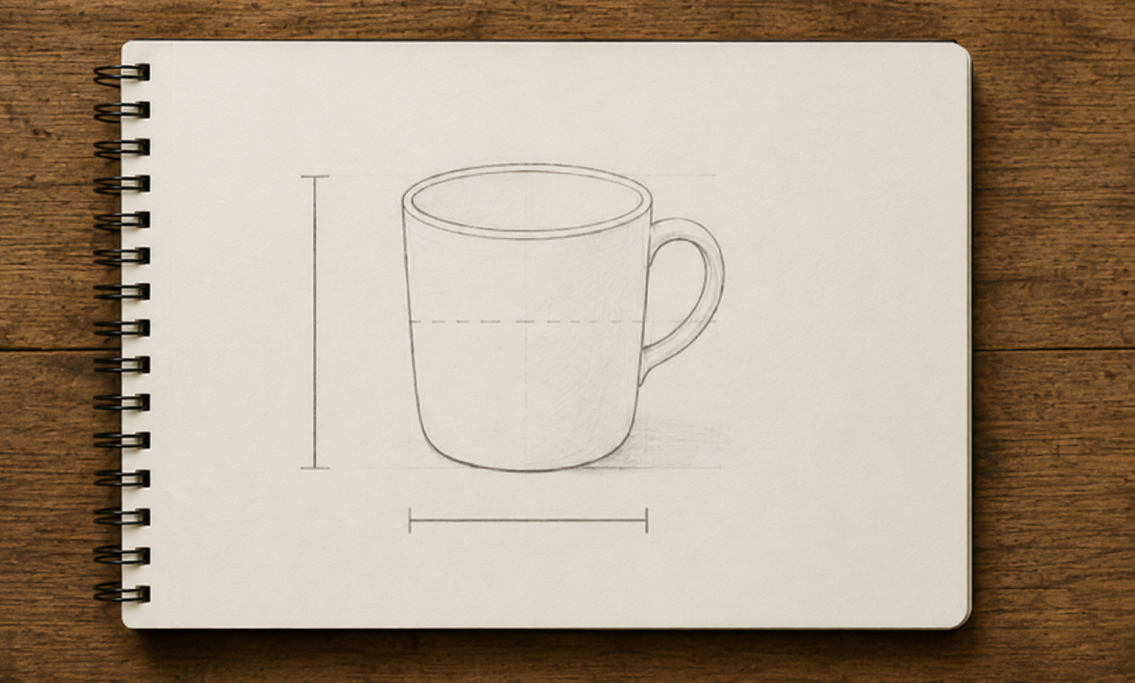 An open sketchbook on a wooden table showing a graphite drawing of a mug with a vertical height guide line at the left, a horizontal width guide line beneath and a dashed midpoint line drawn across the form.