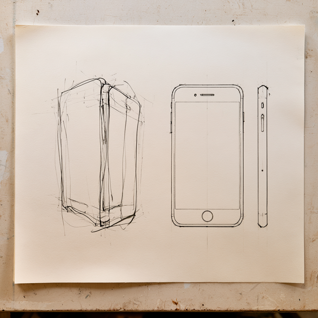 One studio sheet holding two smartphone drawings: a loose rapid development drawing on the left and a controlled front and side documentation drawing on the right.